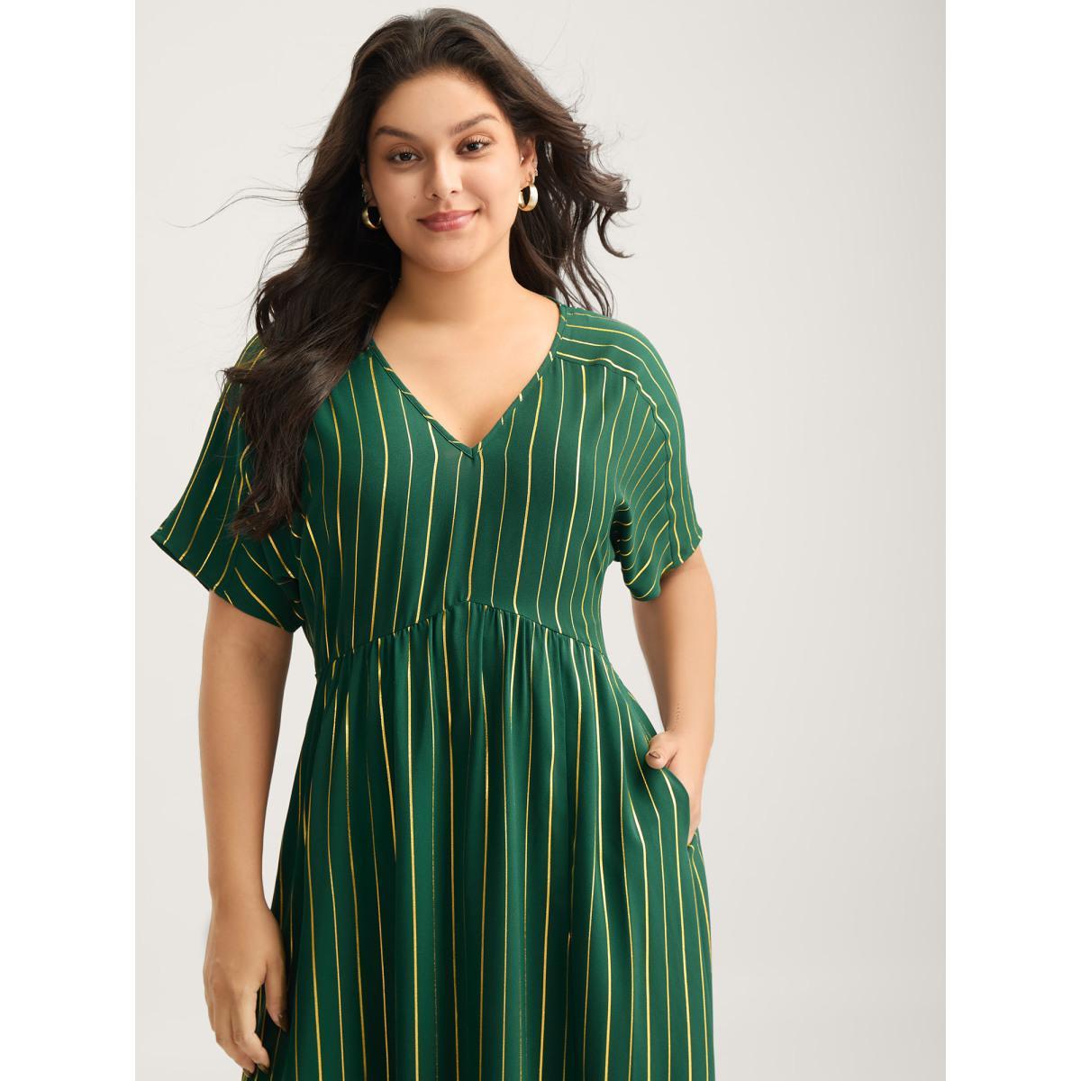 Plus Size Gold Shimmery Stripes Pockets Midi Dress DarkGreen Women V-neck Short sleeve Curvy BloomChic 30/6X Product Image