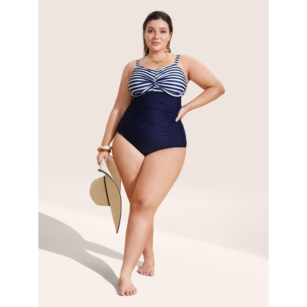 Plus Size Striped Patchwork Twist Front One Piece Swimsuit Women's Swimwear Indigo Beach Twist Curve Bathing Suits High stretch One Pieces BloomChic 12/L Product Image