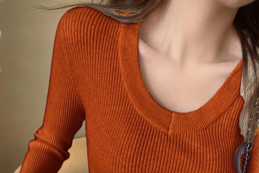 Long-Sleeve V-Neck Plain Ribbed Slim Fit Knit Top Product Image