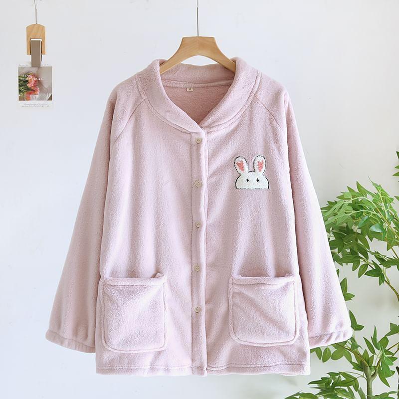 V-Neck Rabbit Patterned Coral Fleece Button Pajama Jacket Product Image