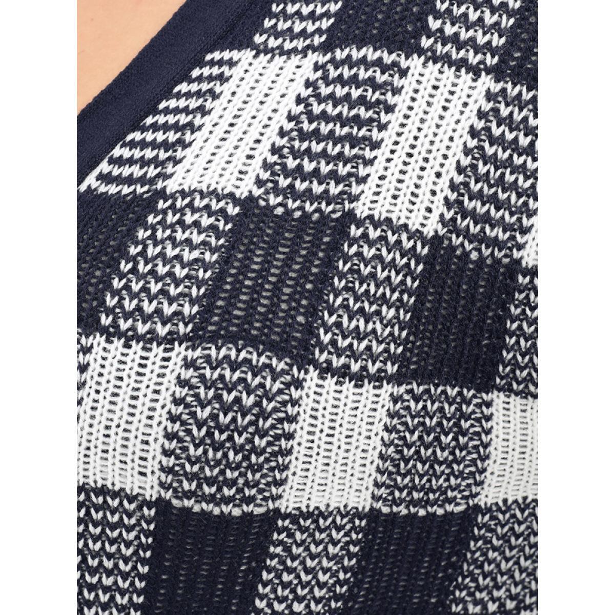 Plus Size Plaid Pointelle Knit Pocket Button Front Cardigan Midnight Women Elegant Loose Long Sleeve Dailywear Cardigans BloomChic 10/M Product Image