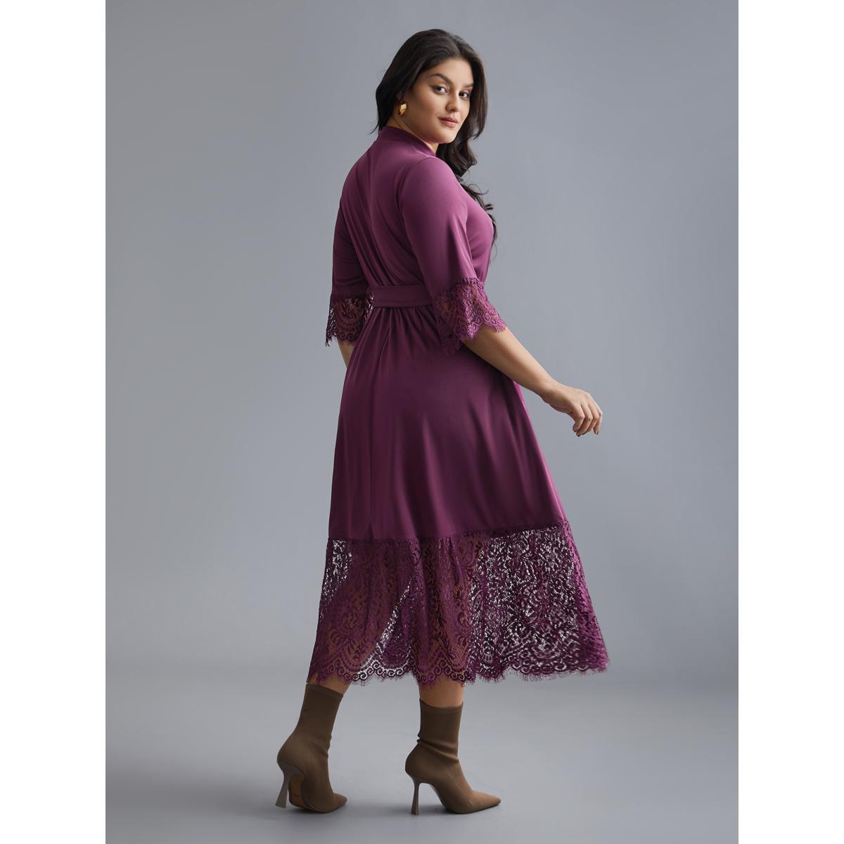 Plus Size Mock Neck Crochet Lace Belted Dress Deeppurplered Women Elegant Woven ribbon&lace trim Knit Dresses Bloomchic 22-24/3X Product Image