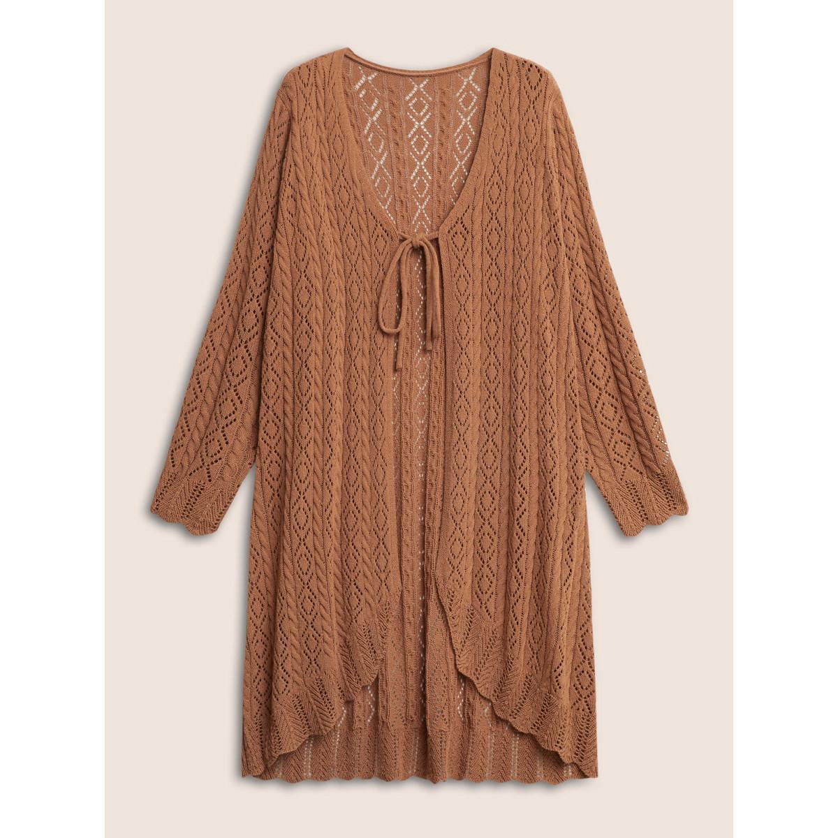 Plus Size Plain Ties Arc Hem Hollow Out Cardigan Chocolate Women Elegant Long Sleeve Everyday Cardigans BloomChic 14-16/1X Product Image
