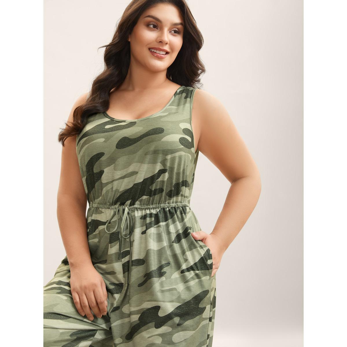 Plus Size Sage Stretchy Waist Camouflage Print Pockets Jumpsuit Women Sleeveless Round Neck Everyday-Casual Loose Jumpsuits BloomChic 18-20/2X Product Image