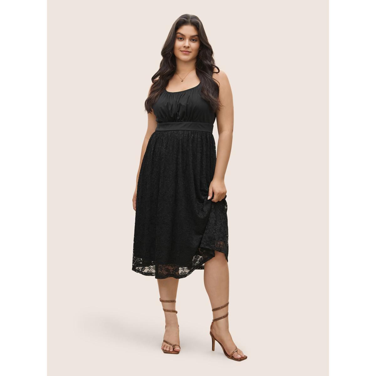 Plus Size Lace Panel Gathered Front Tank Dress Black Women Elegant Non Square Neck Sleeveless Curvy Midi Dress BloomChic 18-20/2X Product Image