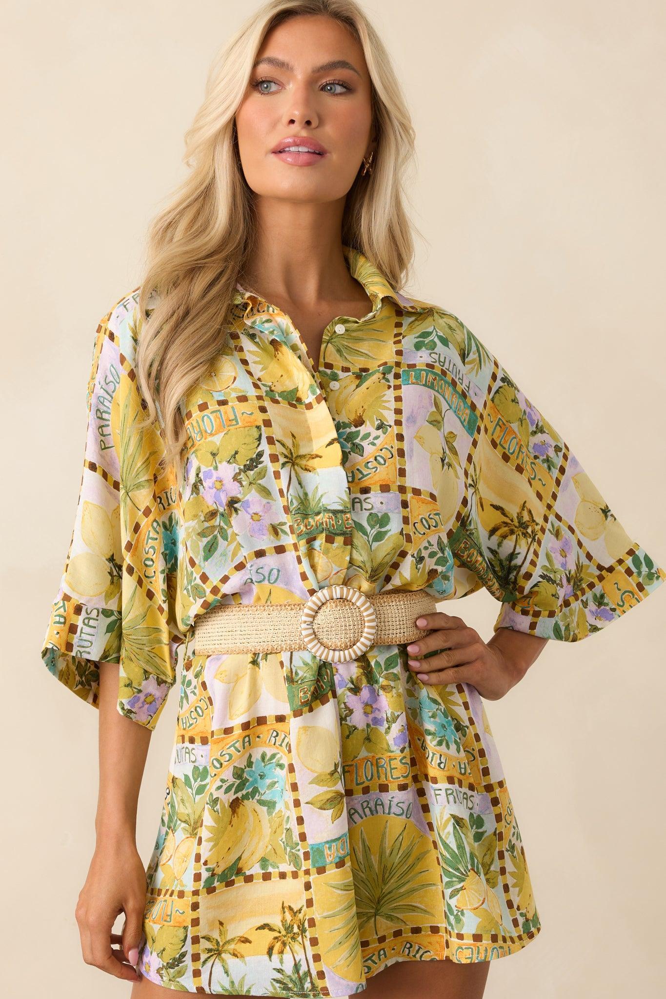 Views From The Veranda Yellow Tropical Print Linen Blend Romper Product Image