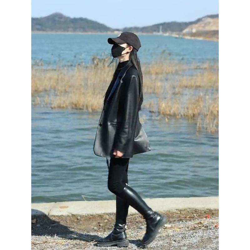 Plain Faux Leather Single-Breasted Jacket Product Image