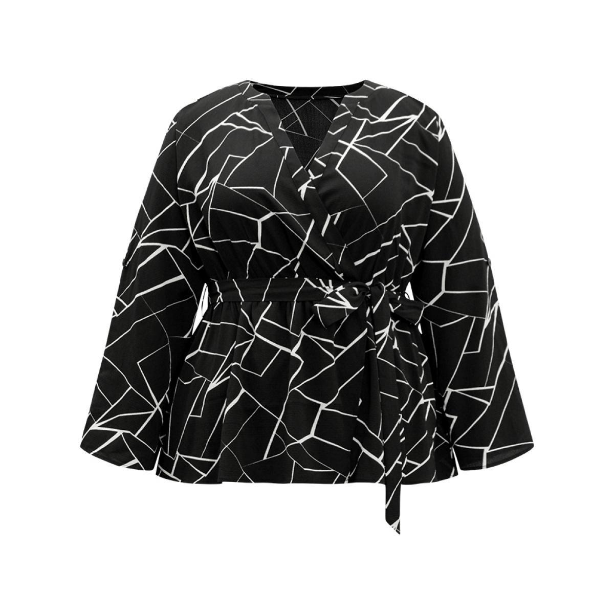 Plus Size Black Geometric Print Tab Sleeve Belted Wrap Blouse Women Office Long Sleeve V-neck Work Blouses BloomChic 18-20/2X Product Image