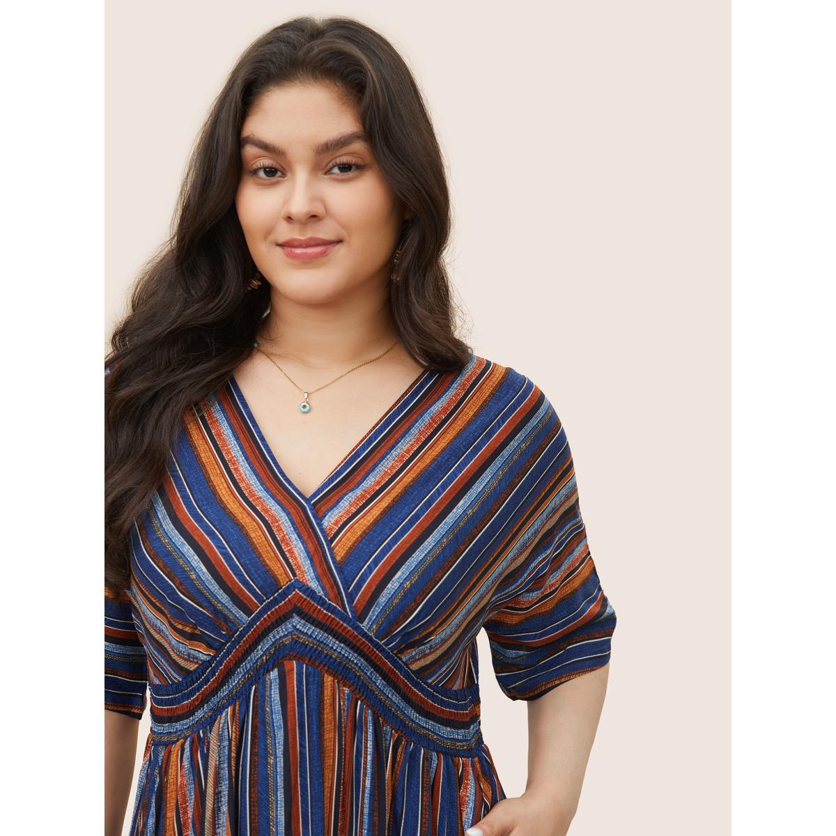 Plus Size Striped Contrast Dolman Sleeve Shirred Pocket Split Flutter Dress Blue Women Resort Non V-neck Half Sleeve Curvy BloomChic 28/5X Product Image