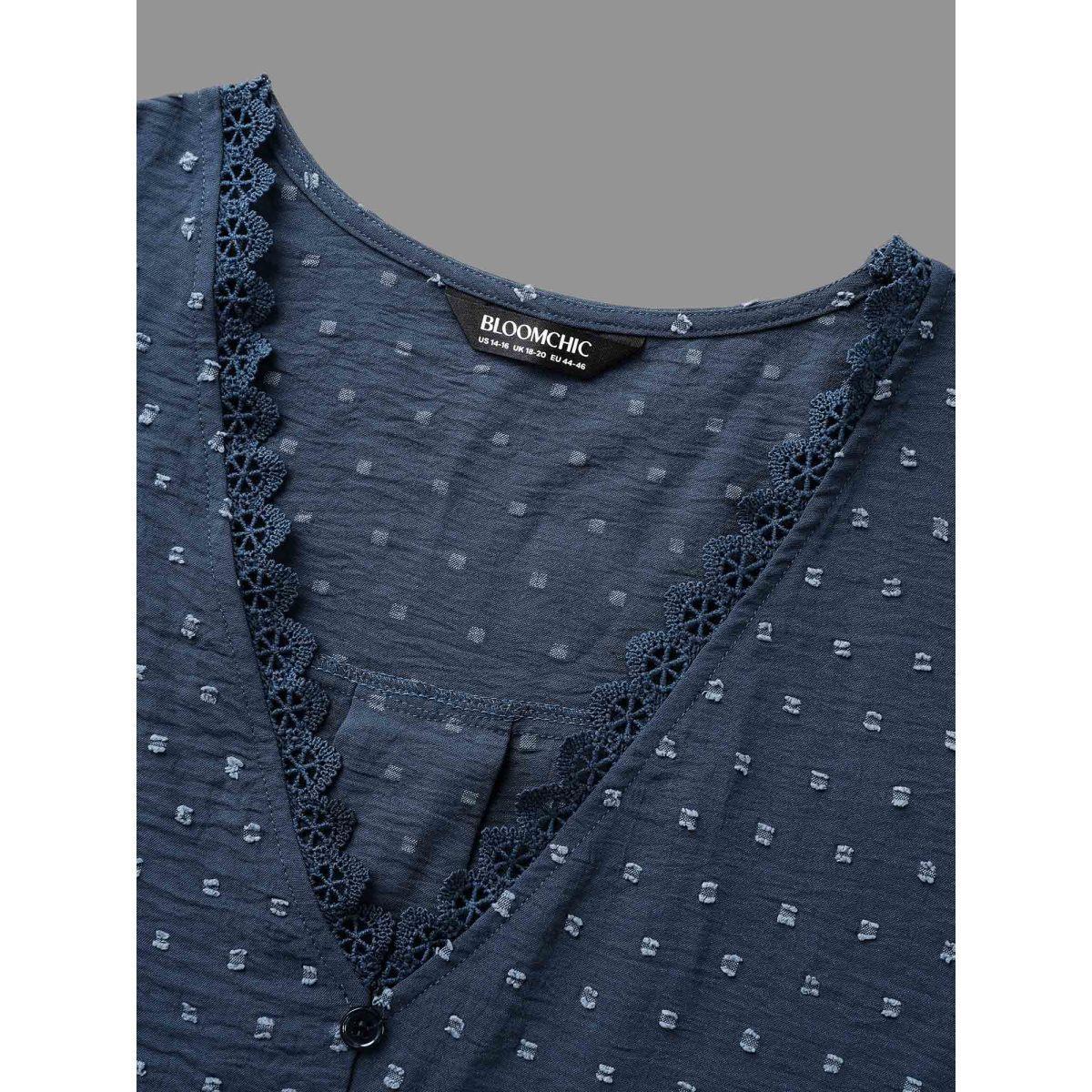 Plus Size Indigo Textured Lace Trim Patchwork Ruffles Blouse Women Elegant Long Sleeve V-neck Everyday Blouses BloomChic 26/4X Product Image