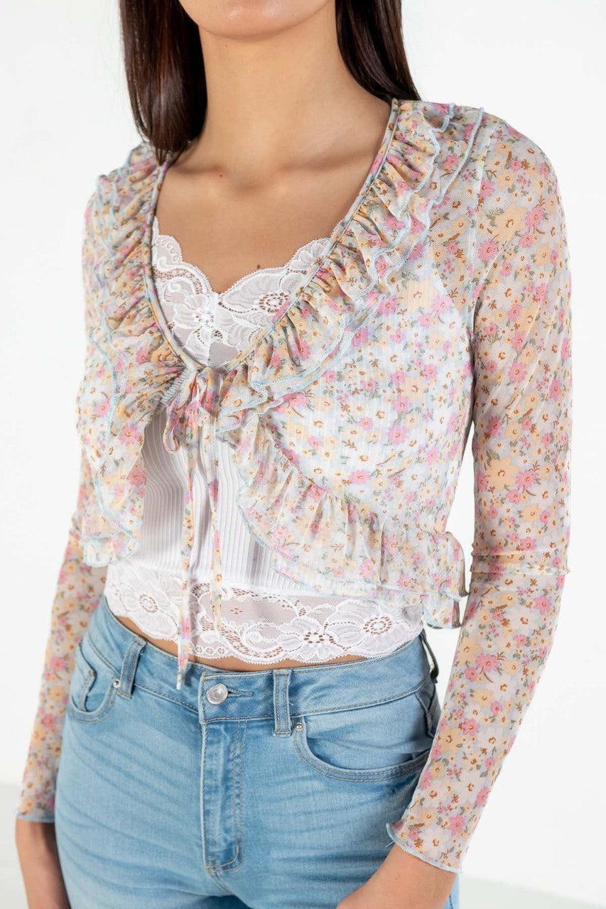 Floral Mesh Tie Front Top Product Image