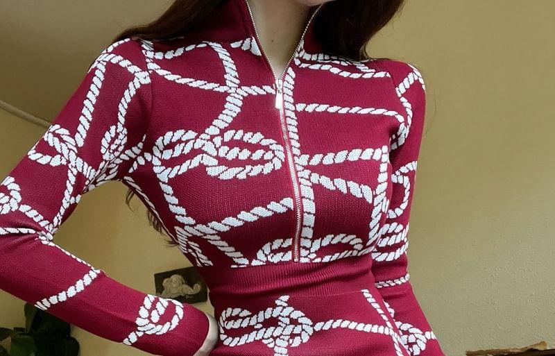Long-Sleeve Collared Pattern Knit Mini Bodycon Dress Product Image