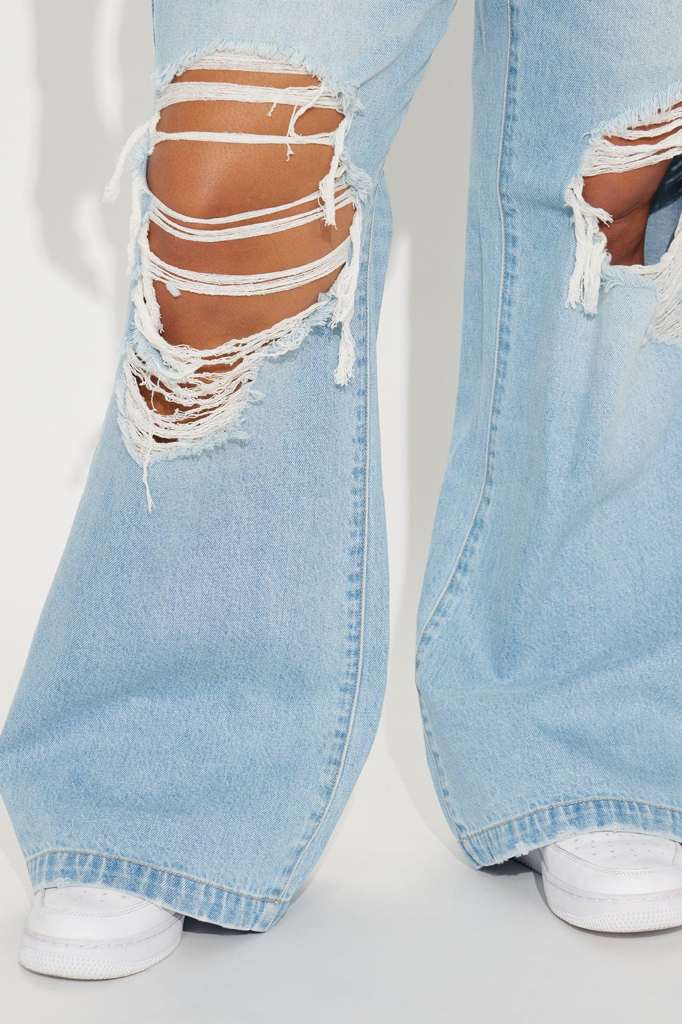 Not A Chance Ripped Non Stretch Wide Leg Jeans - Light Wash Product Image