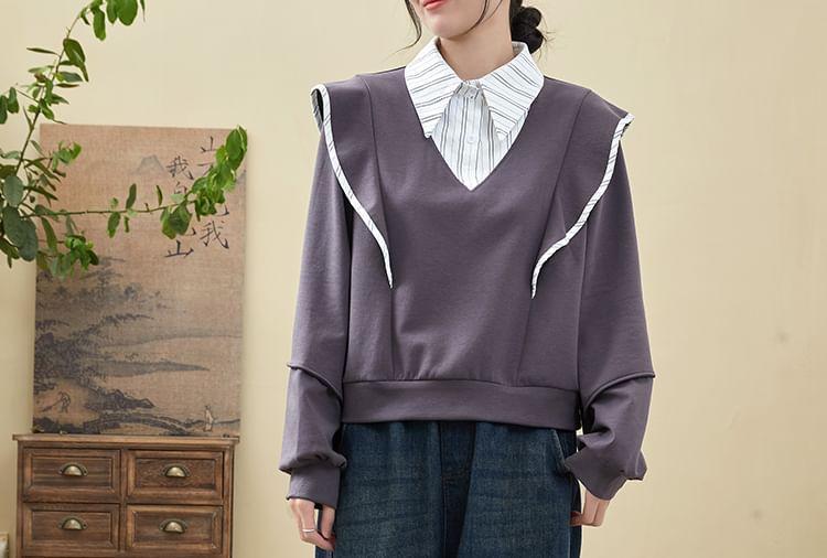 Collared Mock Two-Piece Striped Panel Pullover Product Image