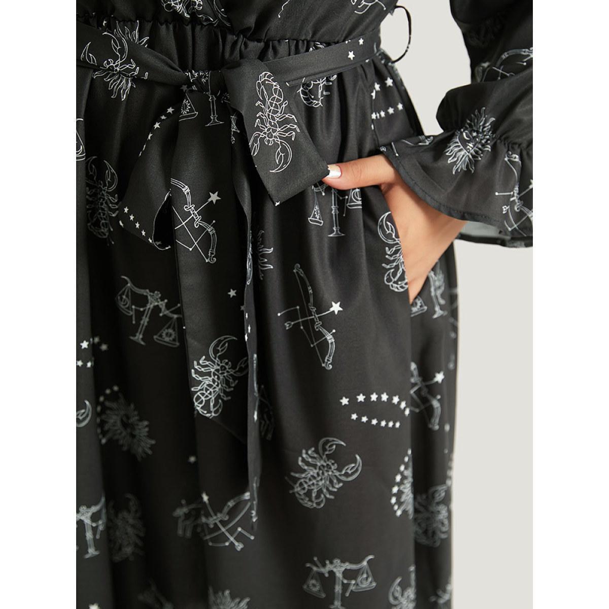 Plus Size Halloween Print Belted Pocket Wrap Split Hem Dress Black Women Elegant Elastic cuffs V-neck Long Sleeve Curvy Midi Dress BloomChic 18-20/2X Product Image