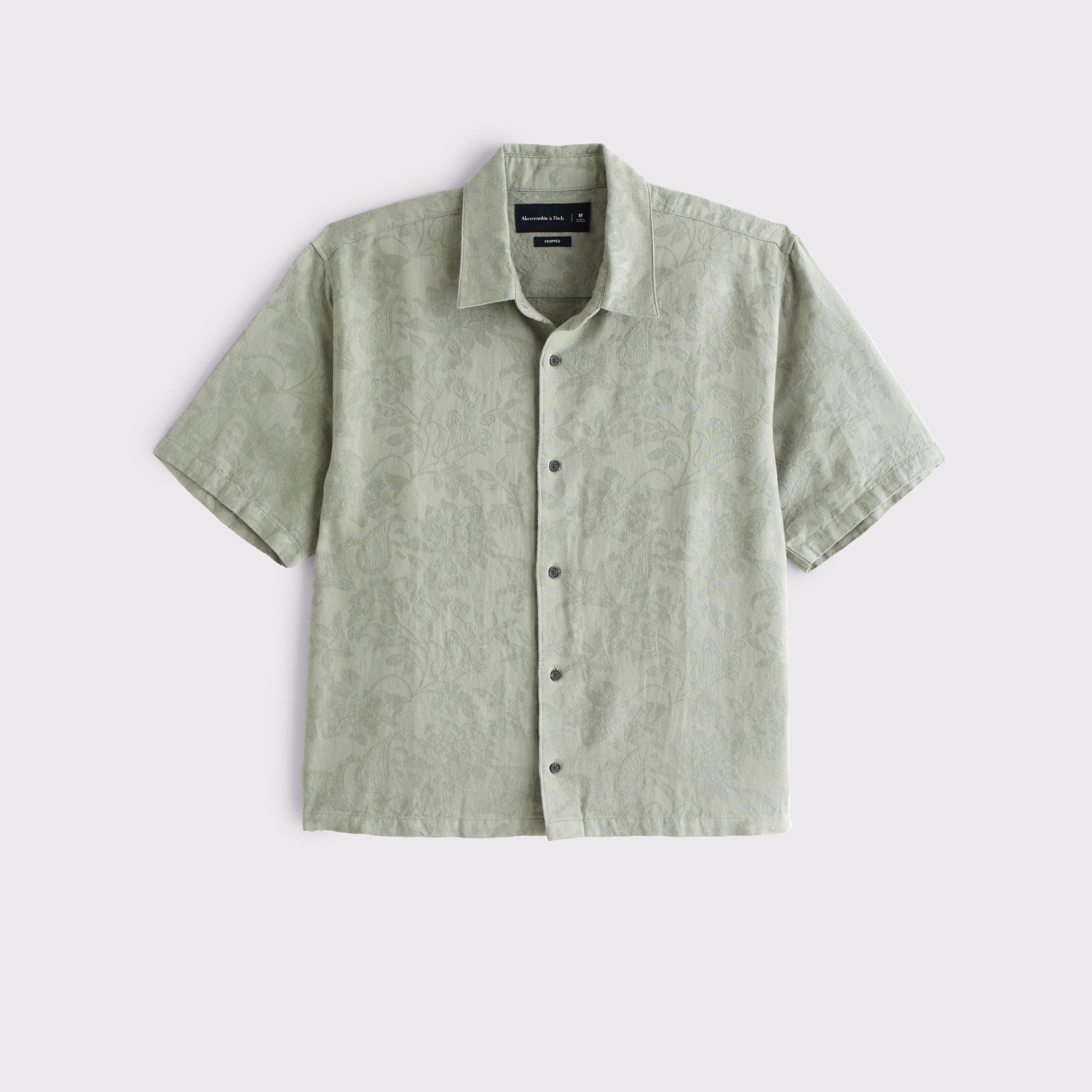 Short-Sleeve Cropped Jacquard Button-Up Shirt Product Image