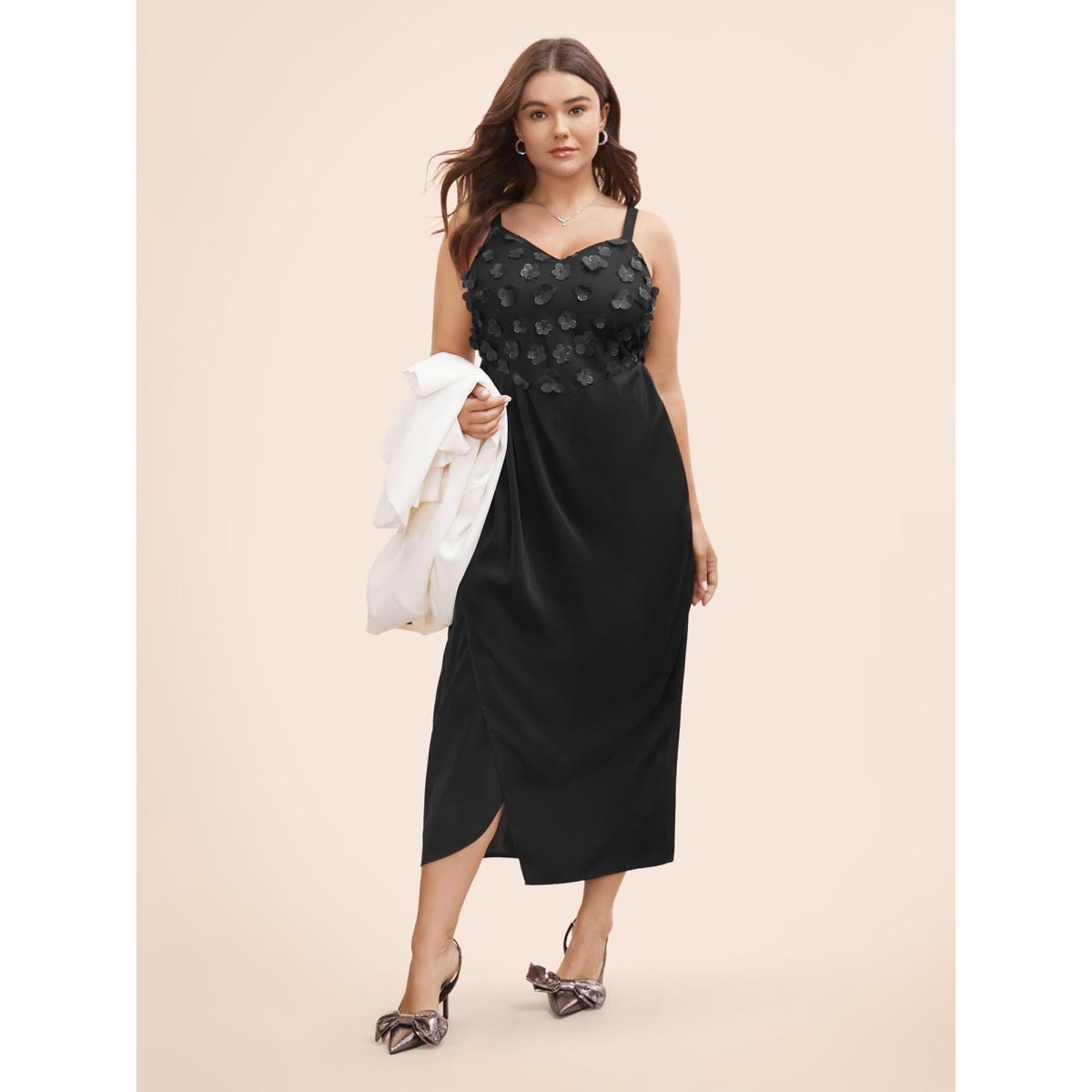 Plus Size Stereo Flower Design Split Hem Dress Black Women Cocktail Texture V-neck Sleeveless Curvy BloomChic 30/6X Product Image