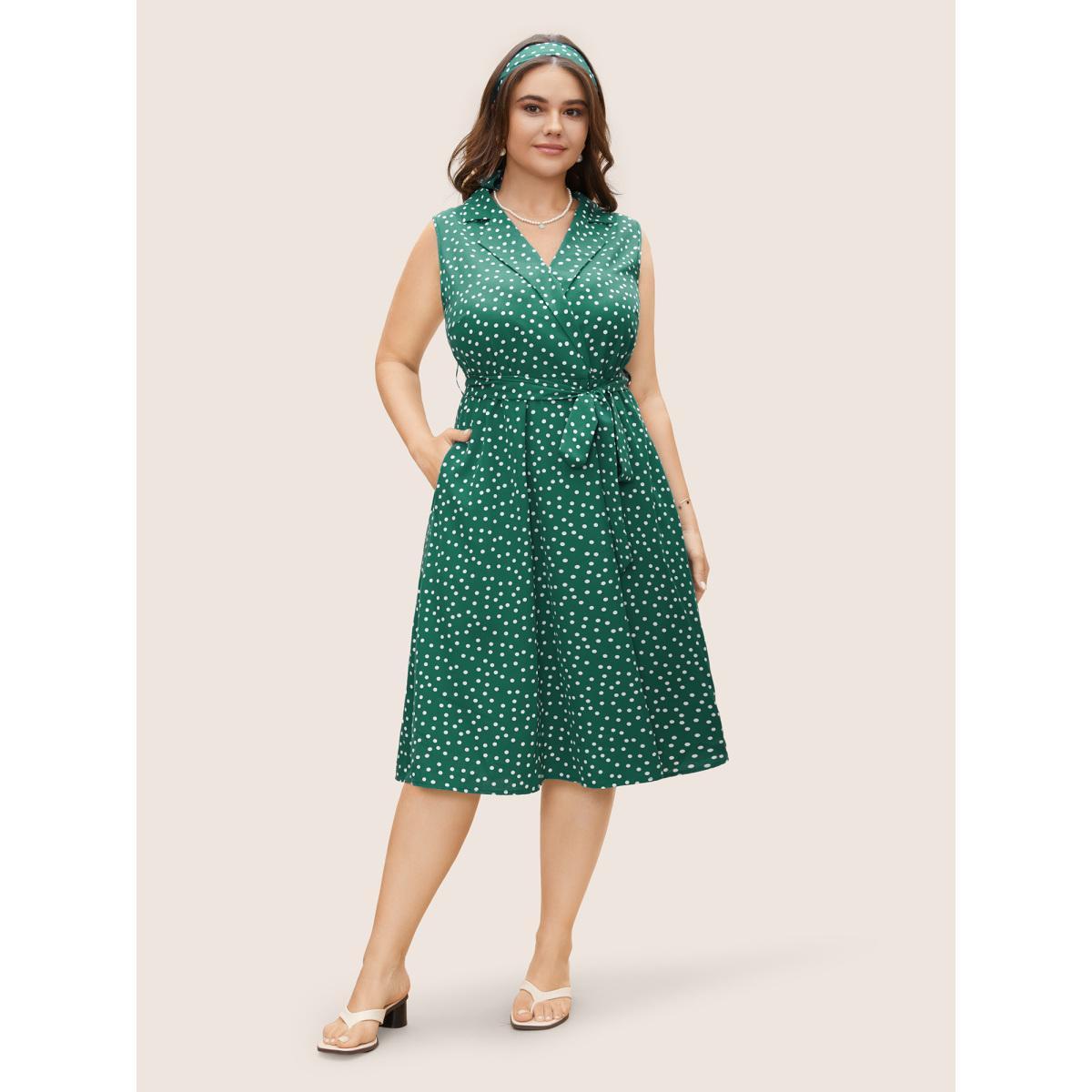 Plus Size Collared Polka Dot Dress Teal Women Elegant Belted Suit Collar Sleeveless Curvy BloomChic 26/4X Product Image