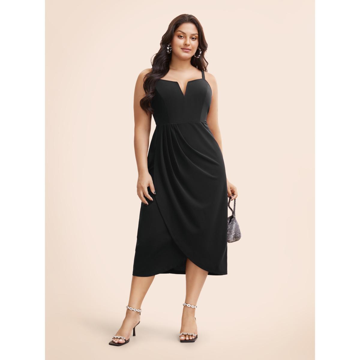 Plus Size Plain Notched Pleated Detail Spaghetti Strap Wrap Hem Dress Eggplant Women Cocktail Adjustable Straps Heart neckline Sleeveless Curvy Midi Dress BloomChic 30/6X Product Image