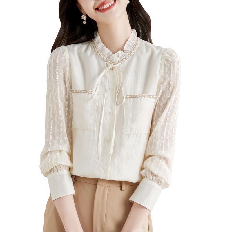 Long-Sleeve Stand Collar Jacquard Frill Trim Tie Front Button-Up Blouse Product Image