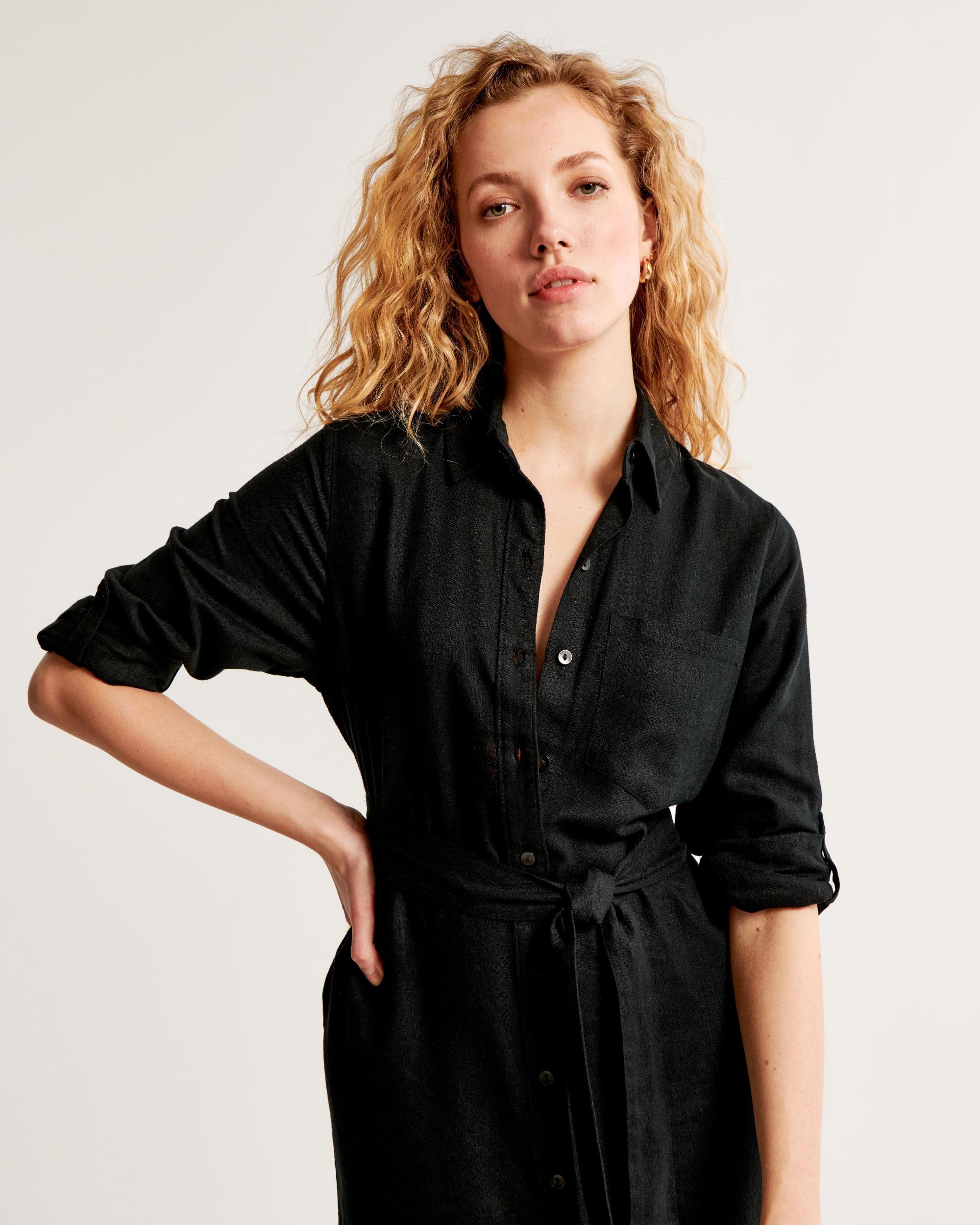 Linen-Blend Midi Shirt Dress Product Image