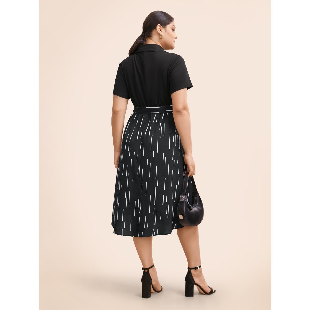 Plus Size Striped Patchwork Button Detail Belted Dress Black Women Workwear Essentials Belted Shirt collar Short sleeve Curvy BloomChic 10/M Product Image