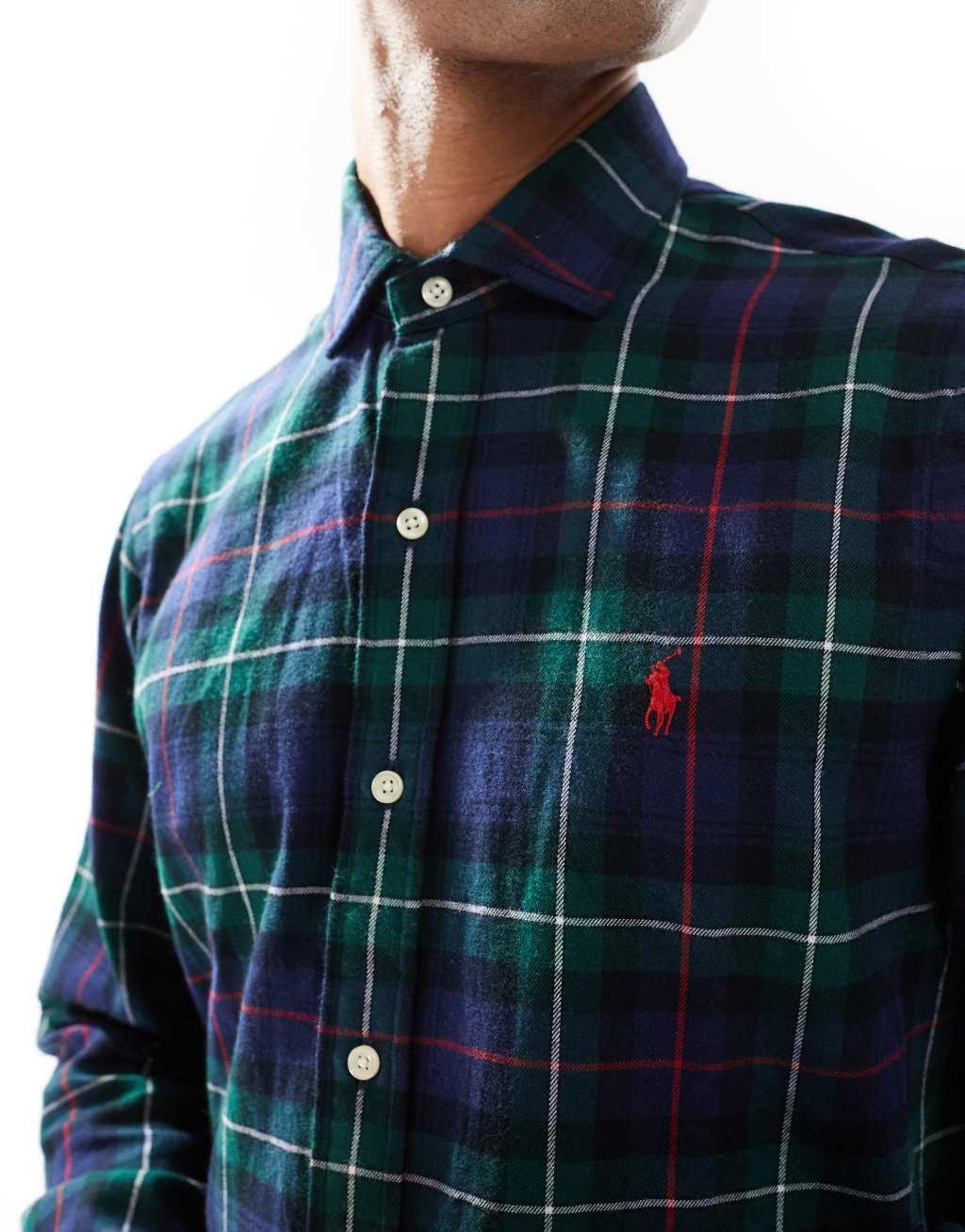 Polo Ralph Lauren icon logo check sanded twill shirt custom fit in green/red Product Image