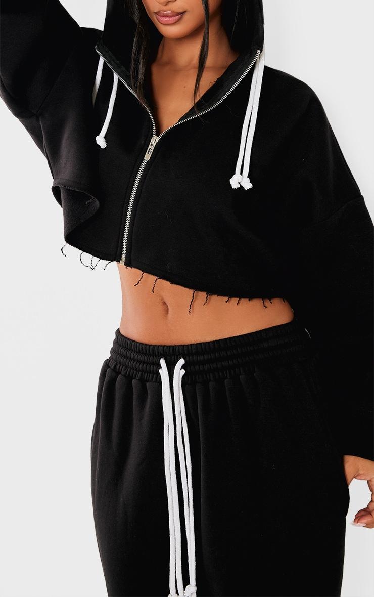 Petite Black Contrast Drawstring Cropped Zip Up Hoodie Product Image