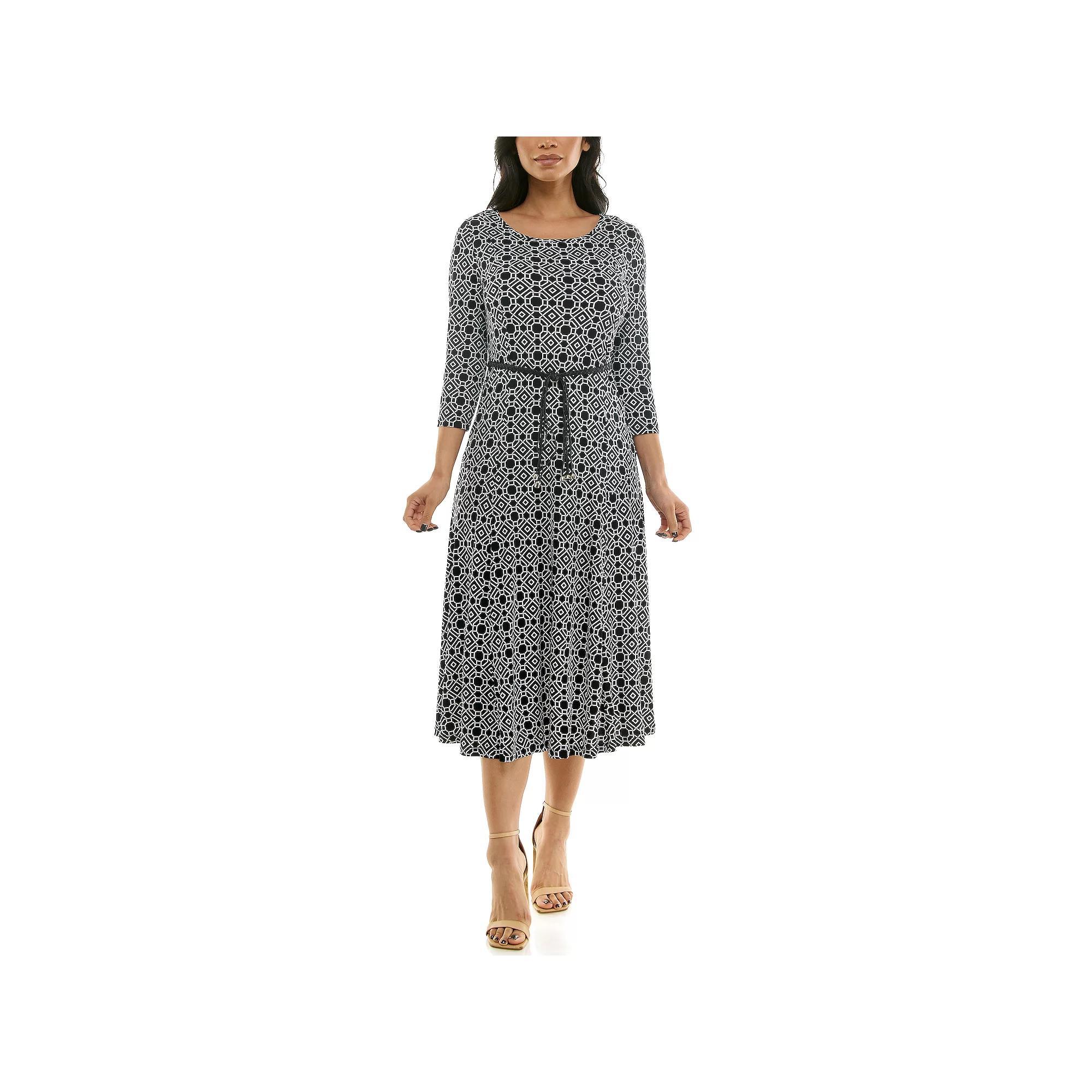 Womens Nina Leonard Sylvia Three-Quarter Sleeve Belted Midi Dress Product Image