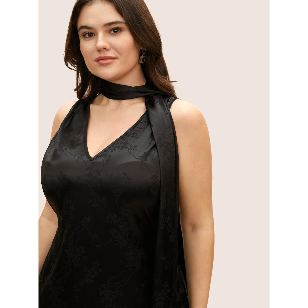 Plus Size Satin Floral Halter Elastic Waist Dress Black Women Cocktail Tie knot V-neck Sleeveless Curvy BloomChic 18-20/2X Product Image