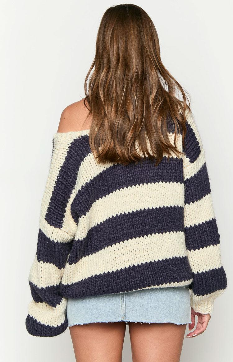 Delvey Navy Striped Chunky Knit Sweater Product Image