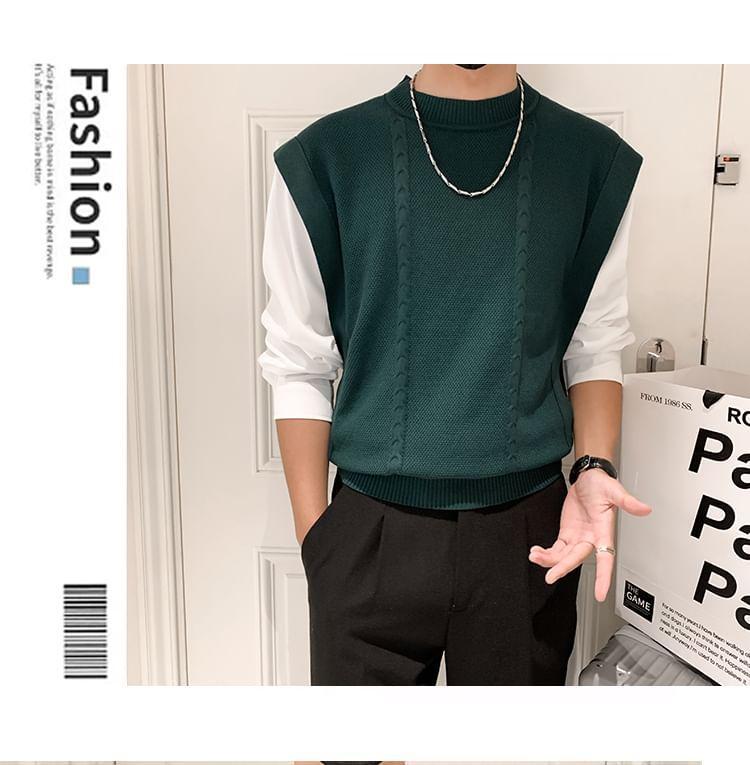 Long Sleeve Mock Neck Mock Two Piece Panel Cable Knit Top Product Image
