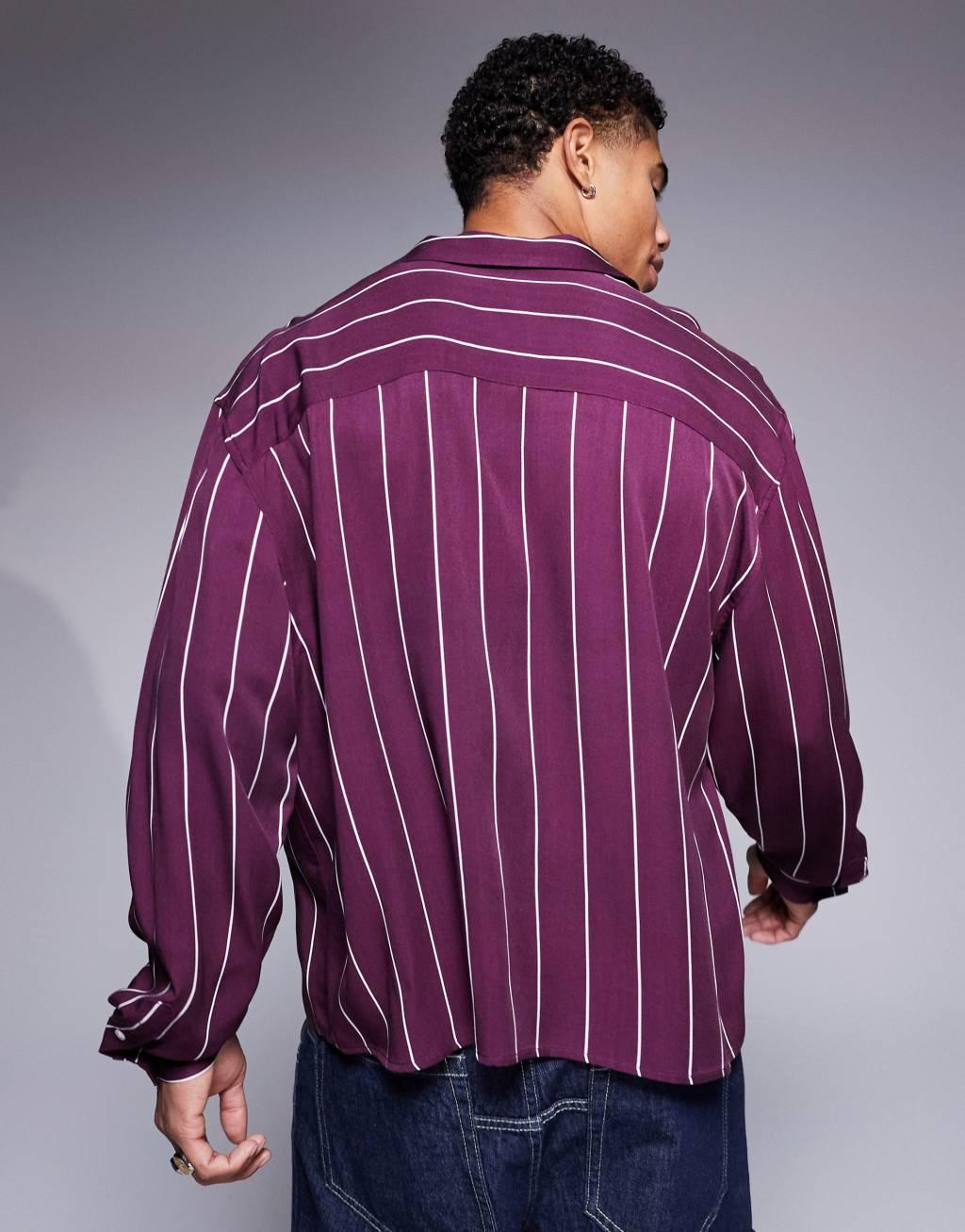 ASOS DESIGN oversized boxy revere shirt in burgundy stripe Product Image