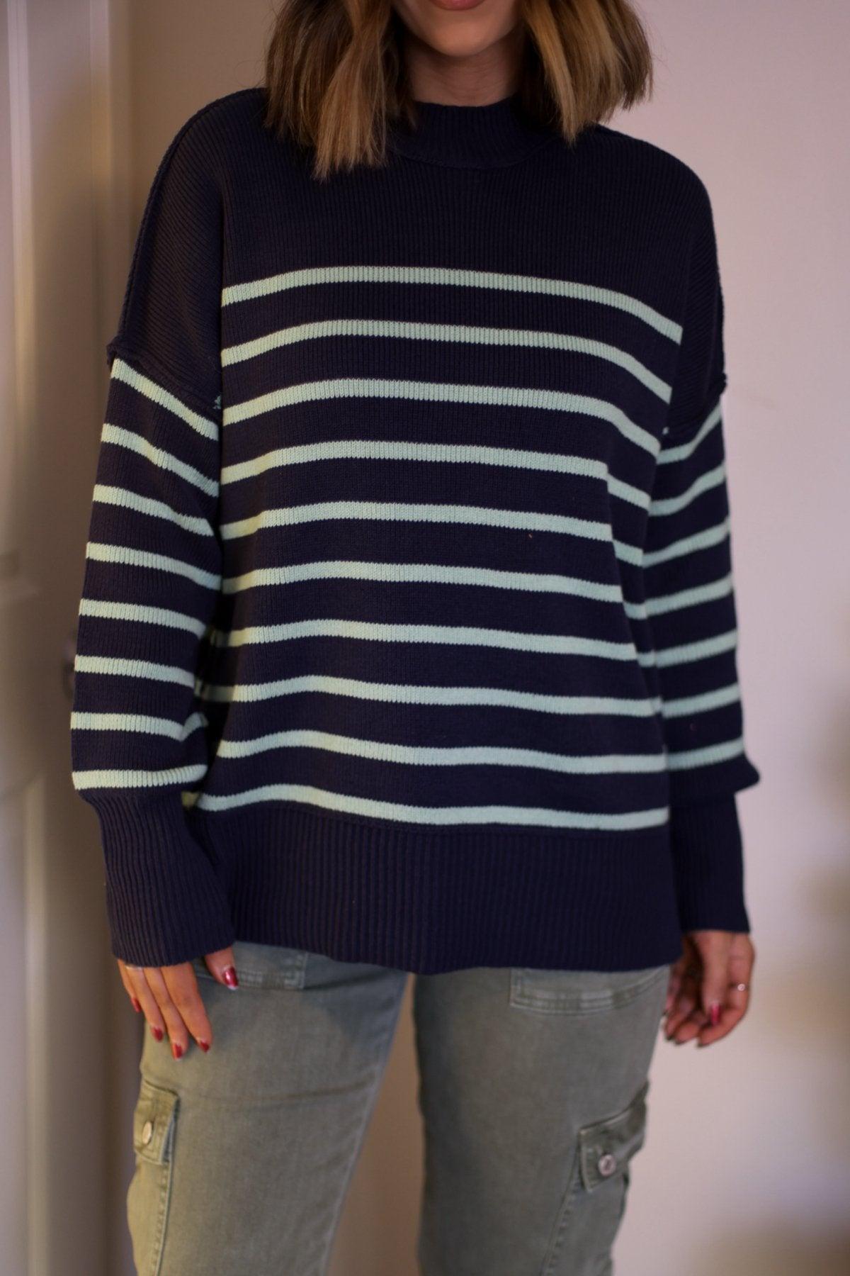 Navy and Green Striped Pullover Sweater - FINAL SALE Product Image