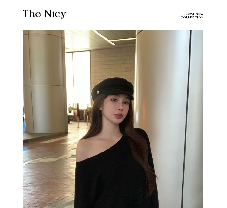 Long-Sleeve Off-Shoulder Plain Knit Top Product Image