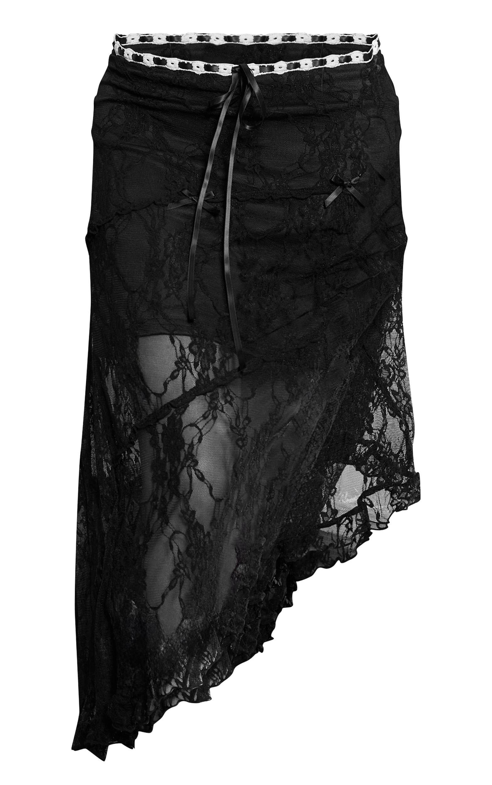 Black Lace Contrast Waist Asymmetric Hem Midi Skirt Product Image
