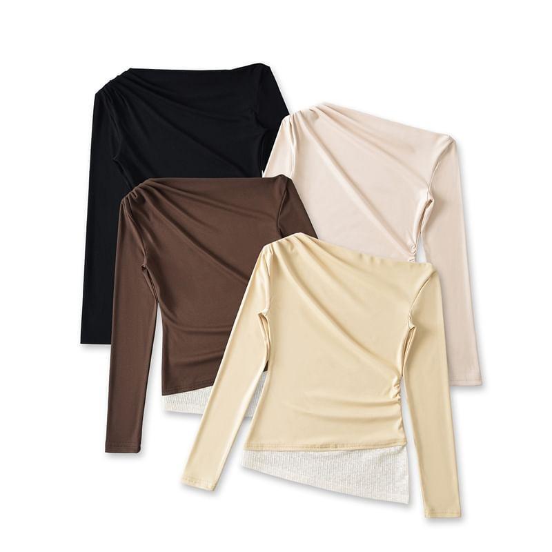 One Shoulder Long Sleeve Two Tone Panel Ruched T-Shirt Product Image
