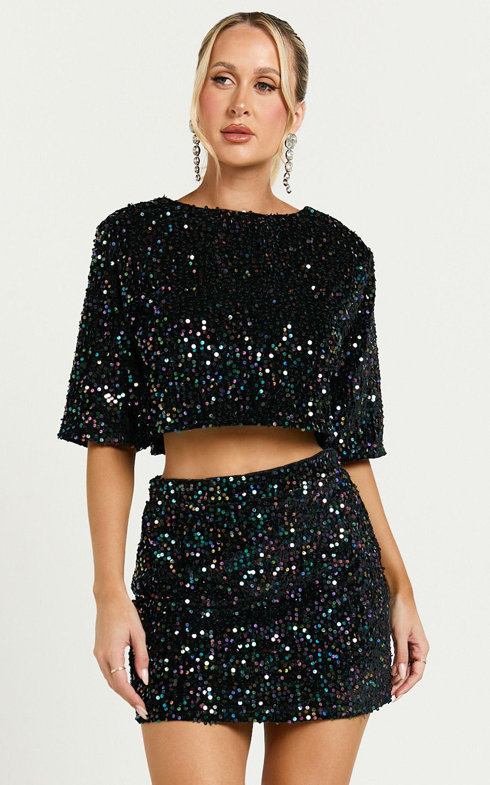 Reah Two Piece Set - Tie Back Top and High Waisted Sequin Mini Skirt in Black Product Image
