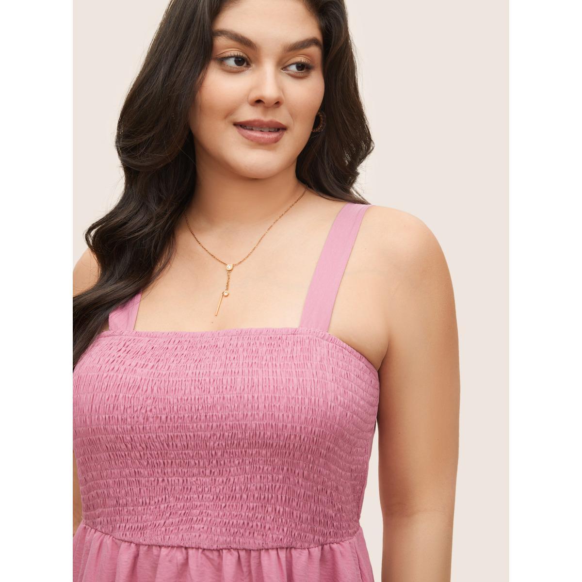 Plus Size Solid Shirred Pocket Contrast Lace Cami Dress Pink Women Elegant Non Non Sleeveless Curvy Midi Dress BloomChic 26/4X Product Image