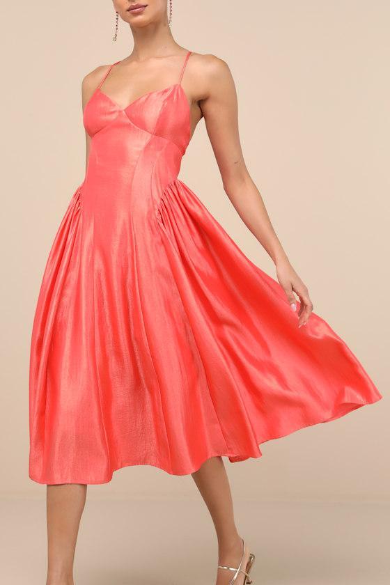 Paride Shiny Coral Gathered Lace-Up Midi Dress Product Image