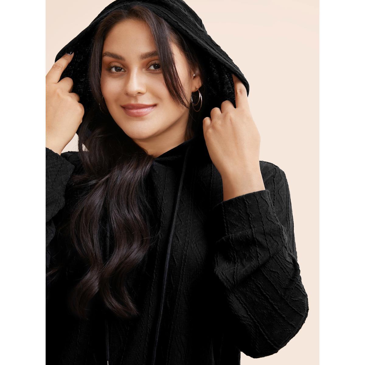 Plus Size Plain Textured Hooded Drawstring Sweatshirt Women Black Casual Elastic cuffs Hooded Everyday Sweatshirts BloomChic 14-16/1X Product Image