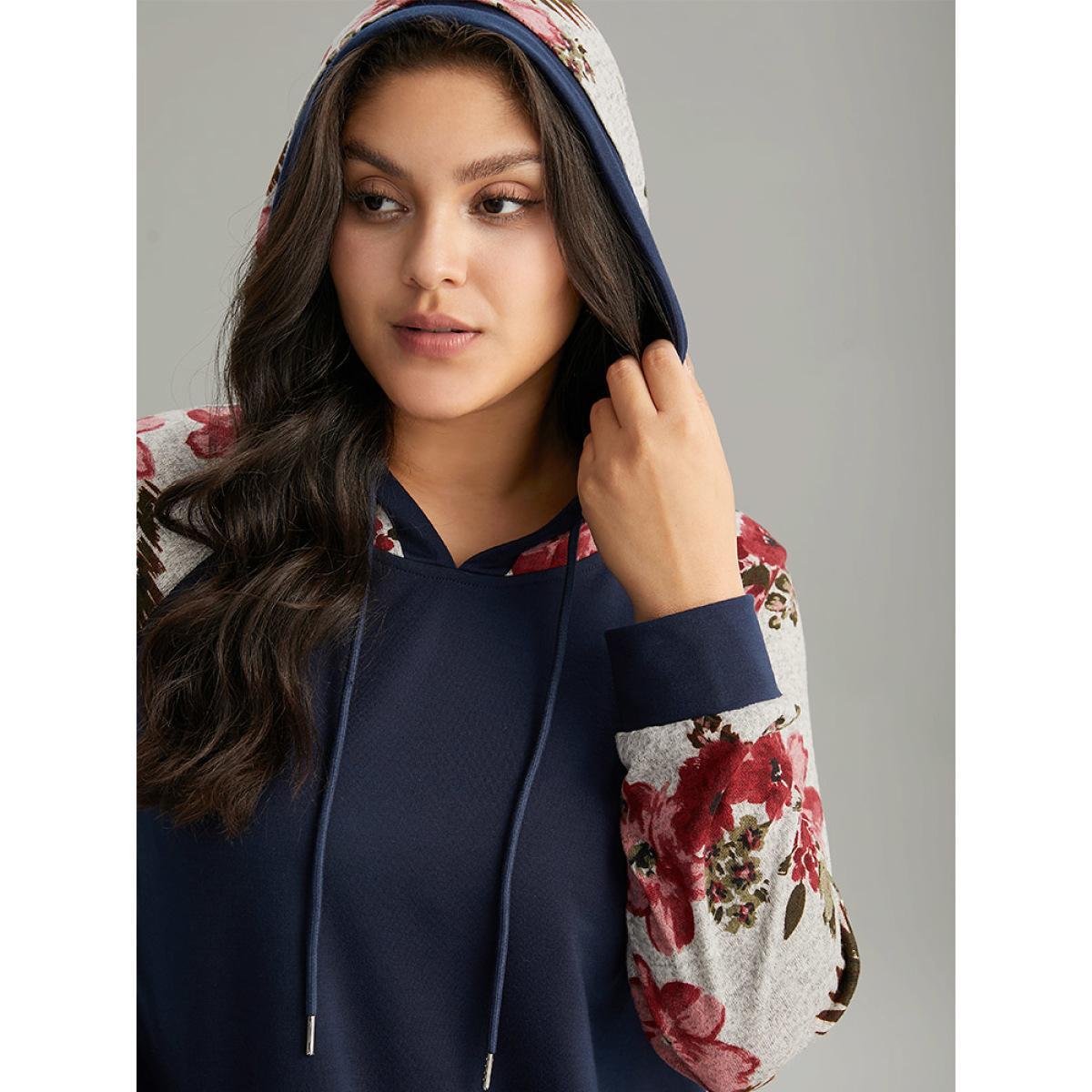 Plus Size Floral Patchwork Raglan Sleeve Kangaroo Pocket Sweatshirt Women Indigo Casual Printed Hooded Dailywear Sweatshirts BloomChic 14-16/1X Product Image