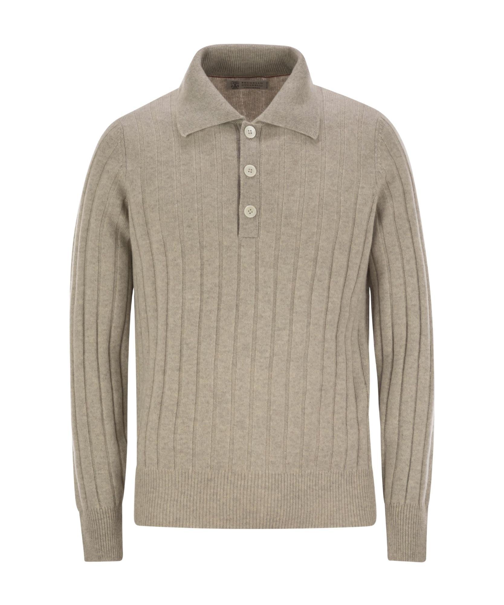 BRUNELLO CUCINELLI Cashmere Knit Polo Shirt In Grey Product Image