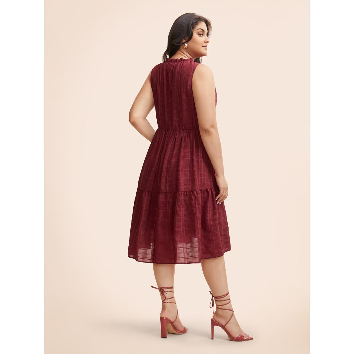 Plus Size Plaid Stand Collar Frill Trim Sleeveless Dress Burgundy Women Elegant Texture Stand-up collar Sleeveless Curvy BloomChic 30/6X Product Image