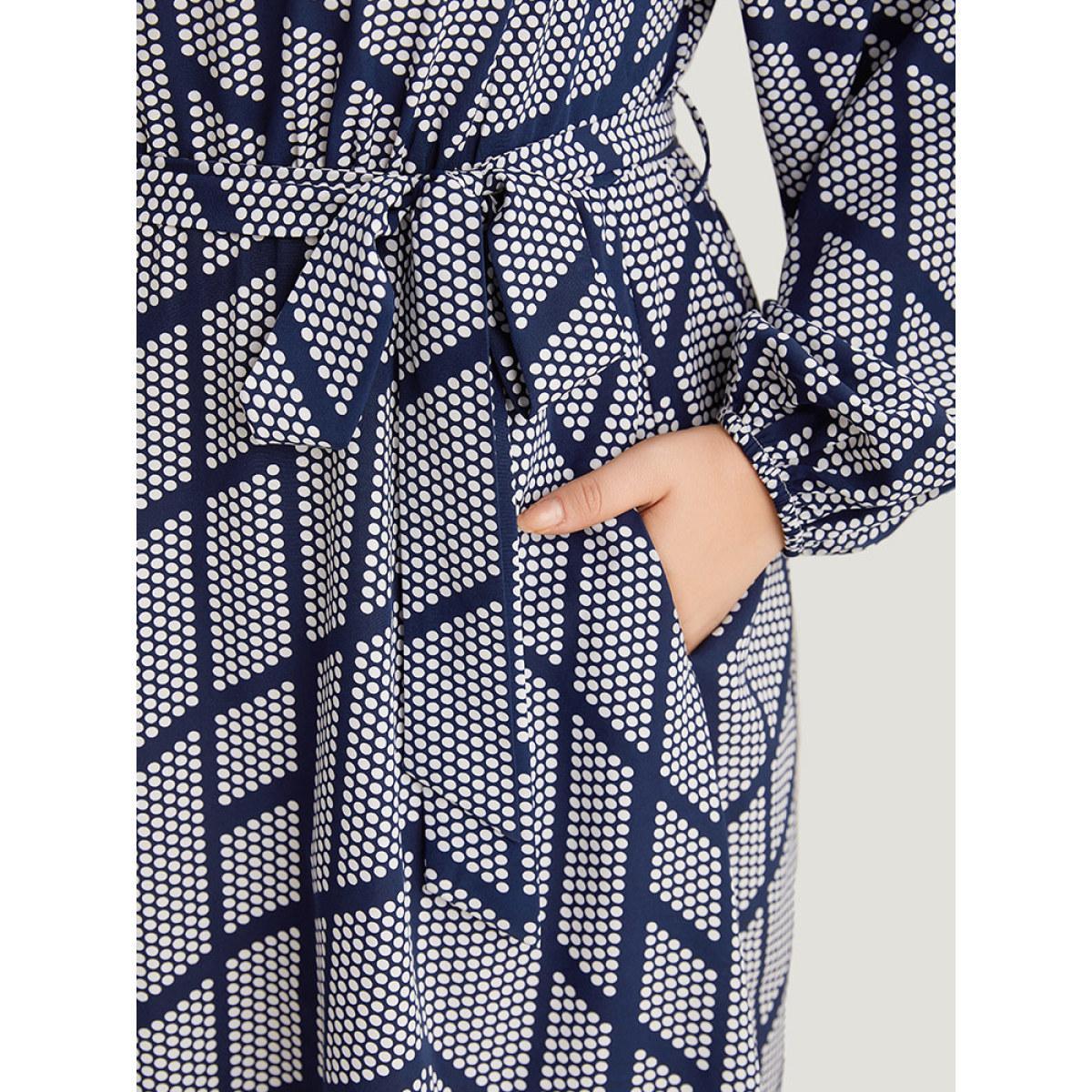 Plus Size Polka Dot Geometric Belted Lantern Sleeve Dress Black Women Office Elastic cuffs Notched collar Long Sleeve Curvy Midi Dress BloomChic 14-16/1X Product Image