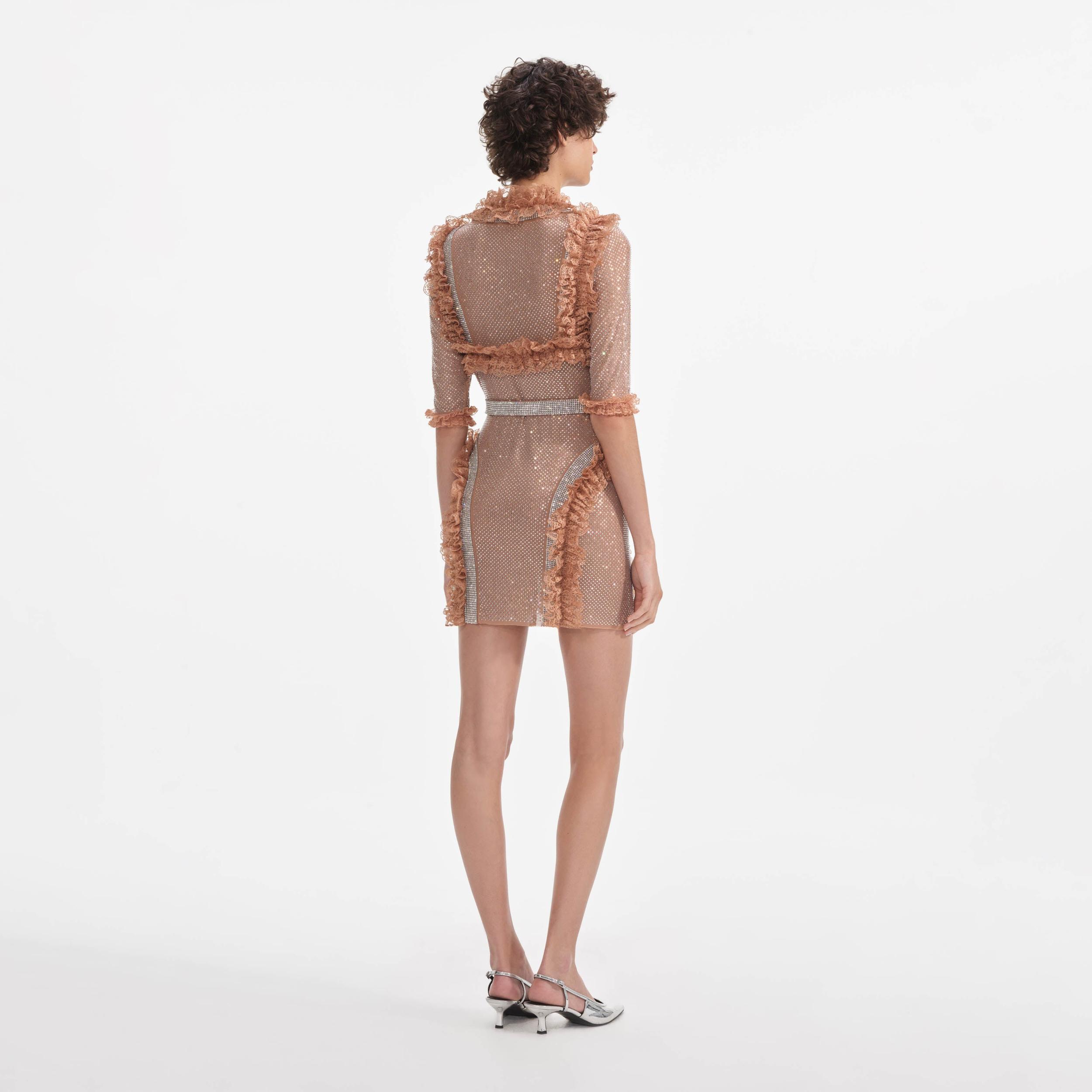 Tan Rhinestone Mesh Ruffle Mini Dress Product Image