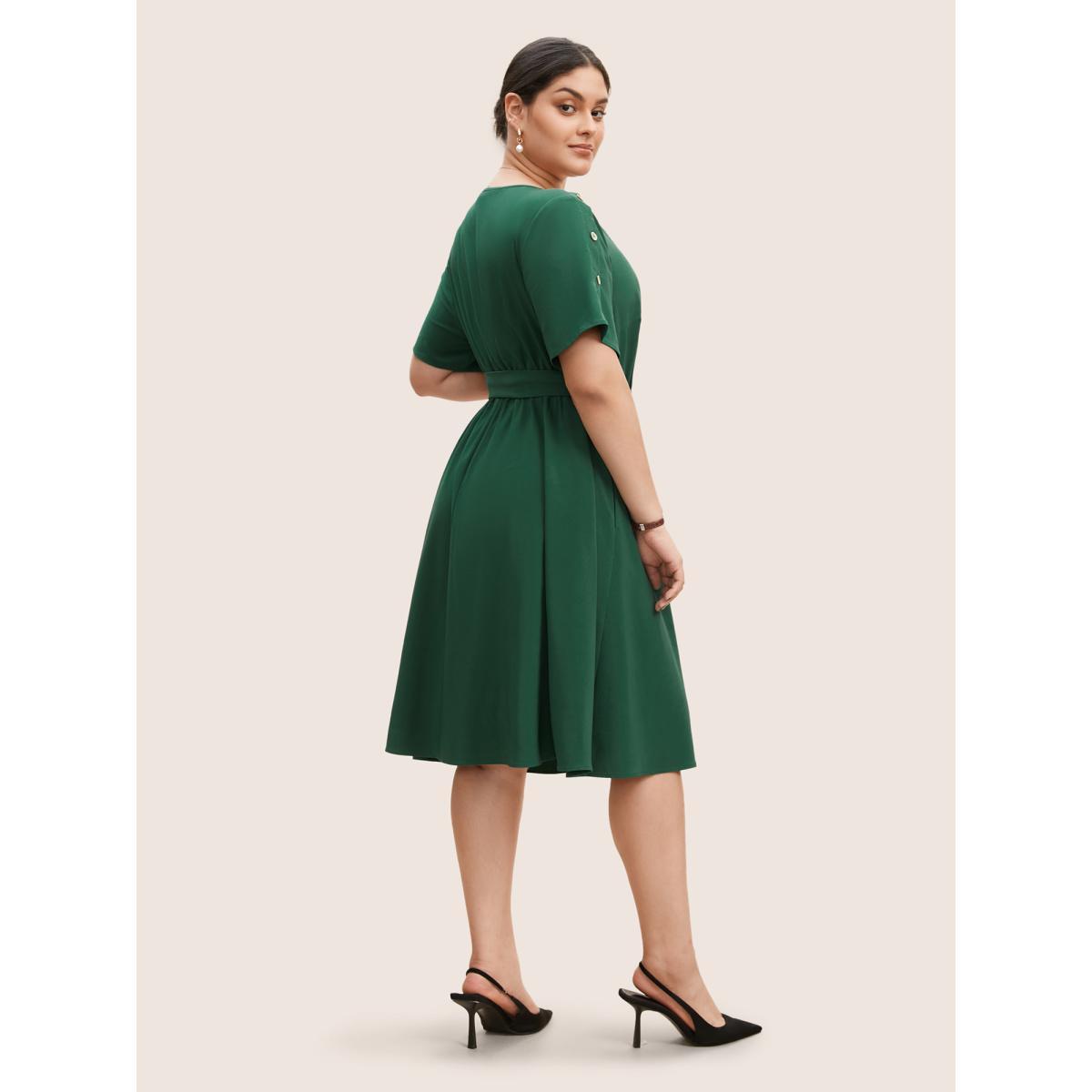 Plus Size Plain Textured Boat Neck Button Detail Knee Dress Emerald Women Work From Home Belted Boat Neck Short sleeve Curvy BloomChic 22-24/3X Product Image