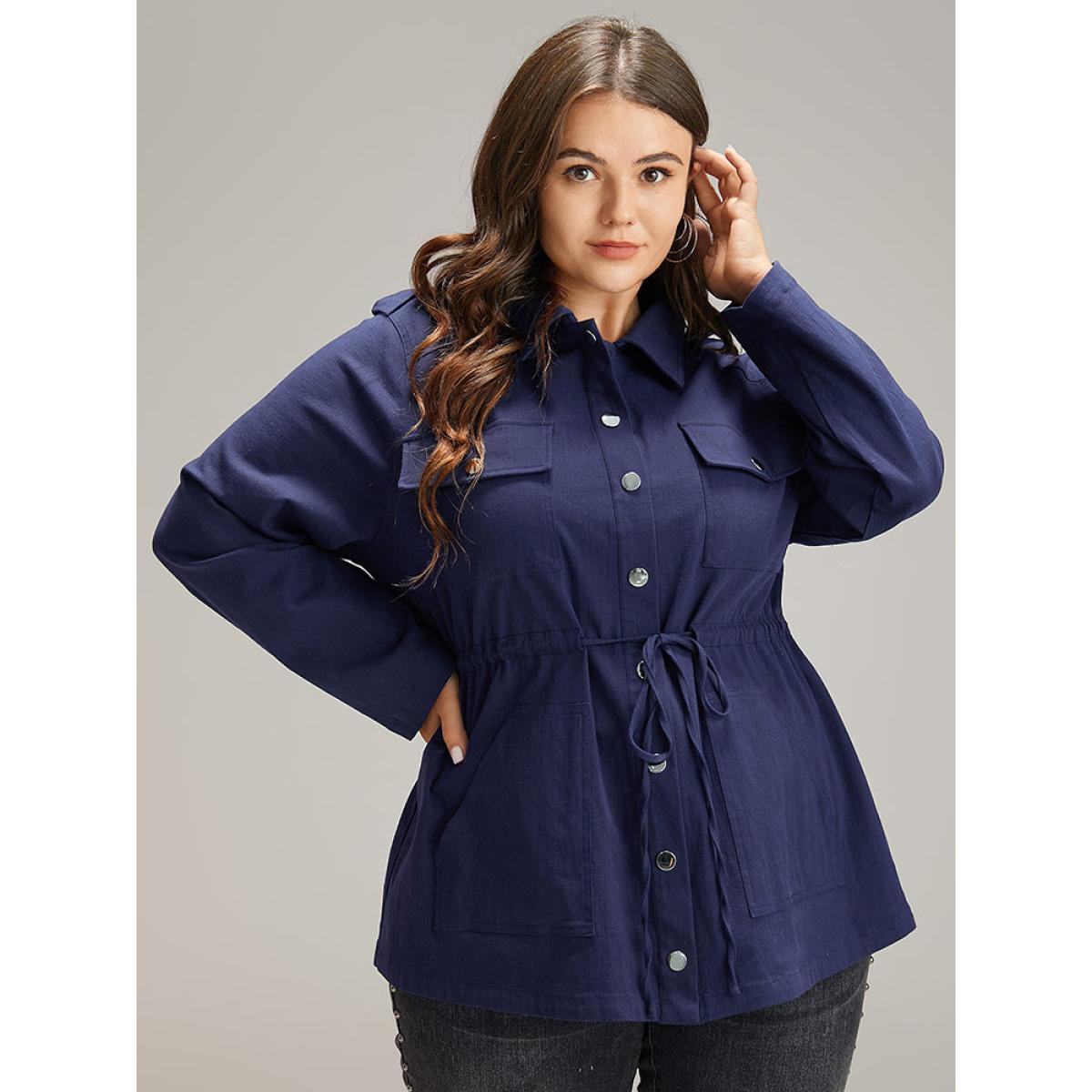 Plus Size Solid Metal Detail Pocket Drawstring Coat Women Indigo Casual Plain Ladies Dailywear Winter Coats BloomChic 12/L Product Image