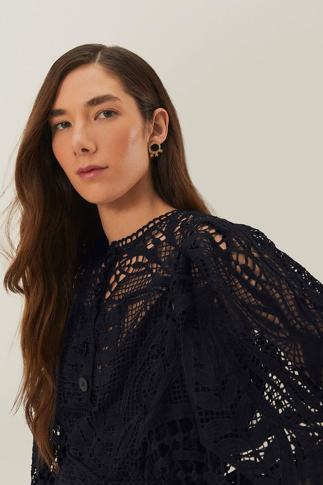 Black Guipire Puff Sleeve Blouse Product Image