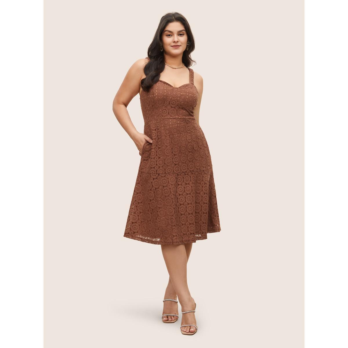 Plus Size Solid Lace Geometric Hollow Out Cami Dress Burgundy Women Cocktail Non V-neck Sleeveless Curvy Midi Dress BloomChic 18-20/2X Product Image